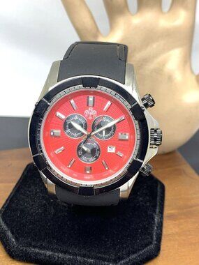 SUG 1883 Men's Watch Quartz Chronograph Red Dial Date Black Rubber Band 48mm
